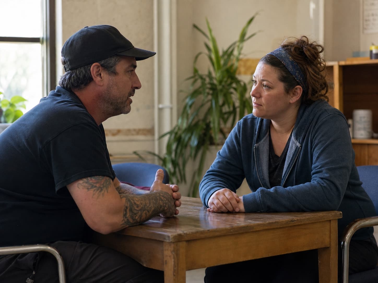 A peer recovery specialist listening closely during a candid conversation in a community recovery center.