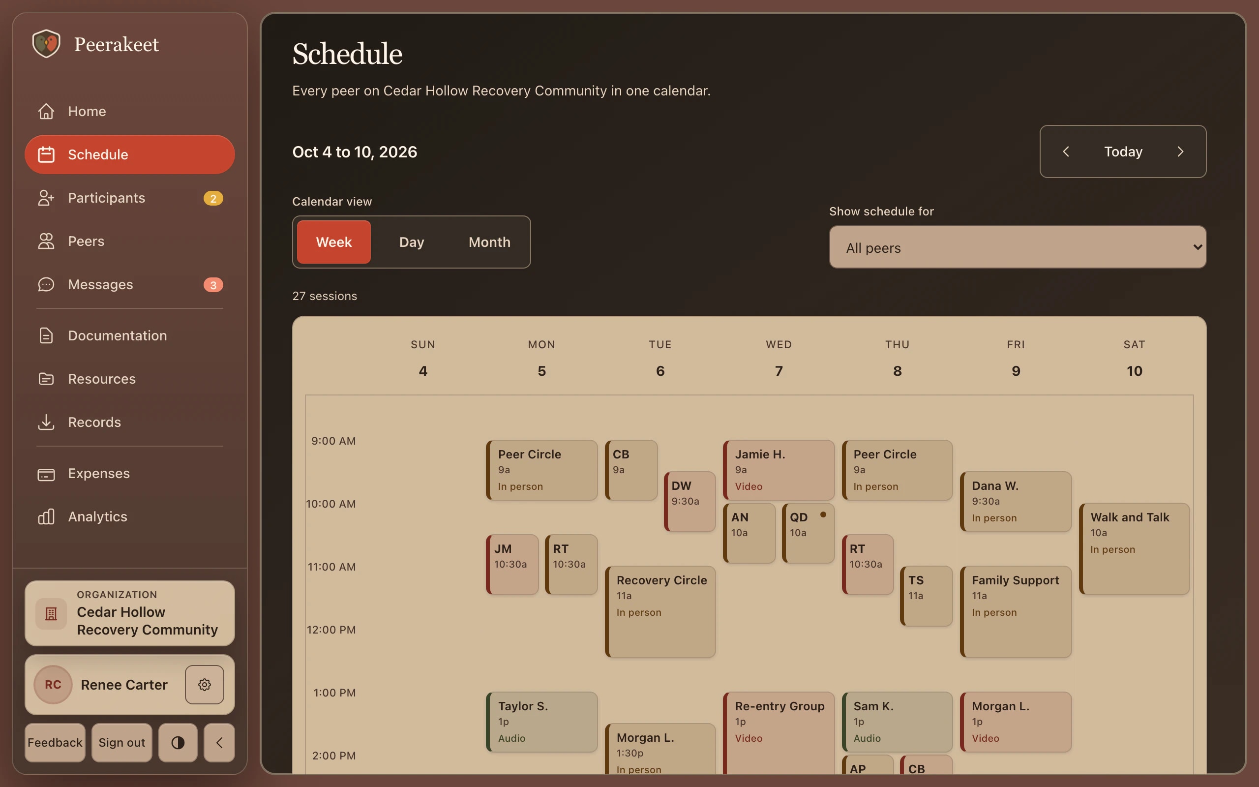 The team schedule for an example organization, showing a week of one-on-one sessions and groups, with navigation for participants, peers, messages, documentation, records, and analytics.