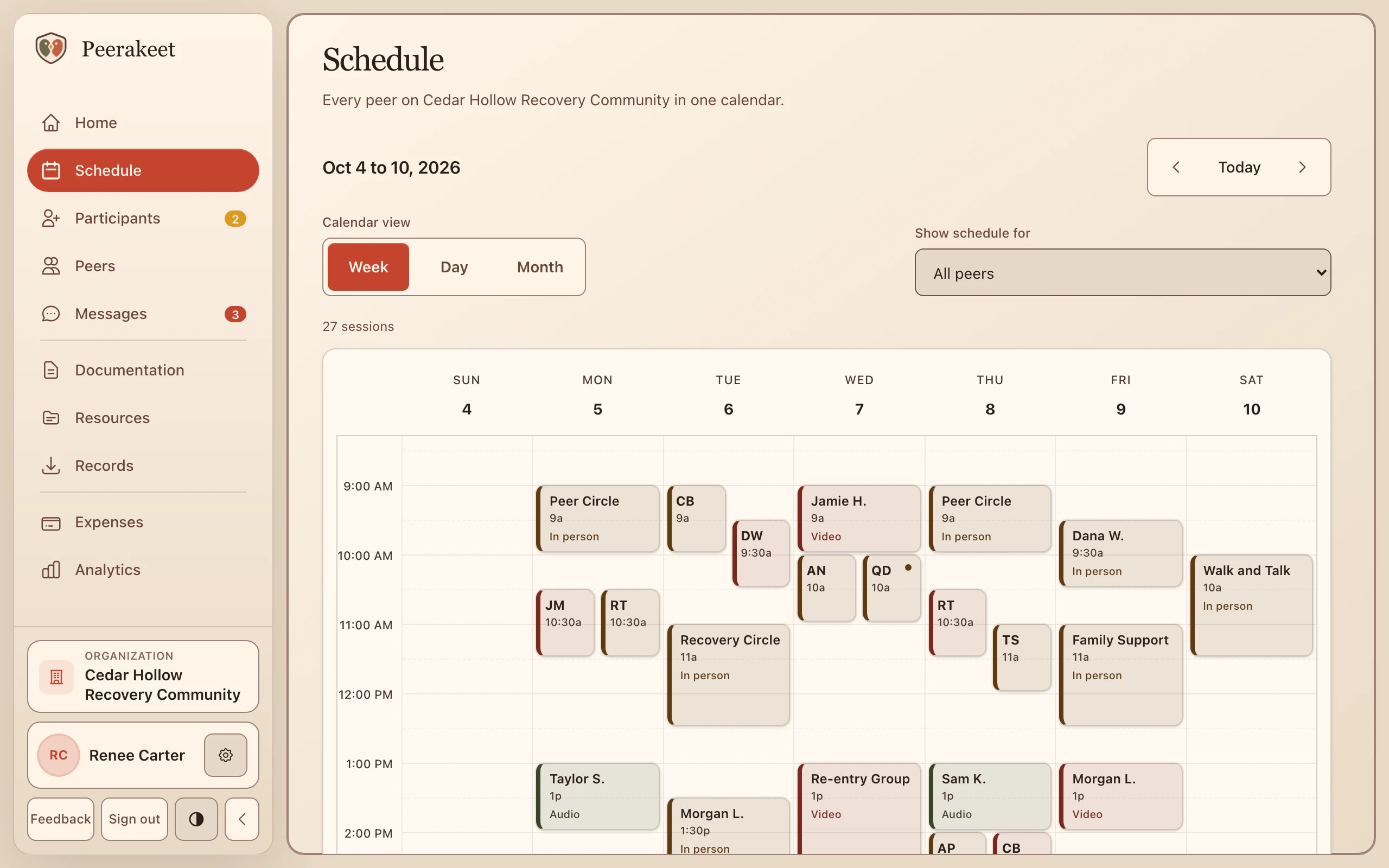 The team schedule for an example organization, showing a week of one-on-one sessions and groups, with navigation for participants, peers, messages, documentation, records, and analytics.